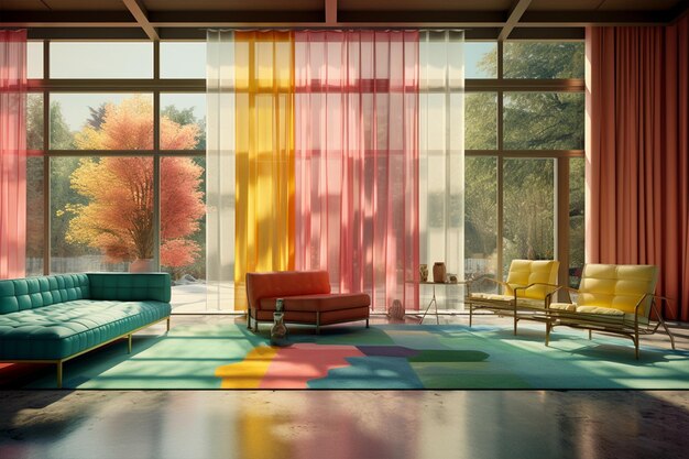 Une maison moderne conçue avec des meubles colorés générés par l'IA