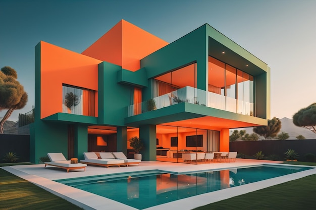 maison moderne et confortable avec piscine et parking style luxueux et beau paysage en arrière-plan ai génératif