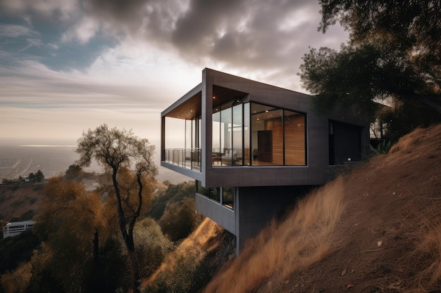 Maison moderne construite sur une colline escarpée avec une vue imprenable sur la vallée en contrebas créée avec une ai générative