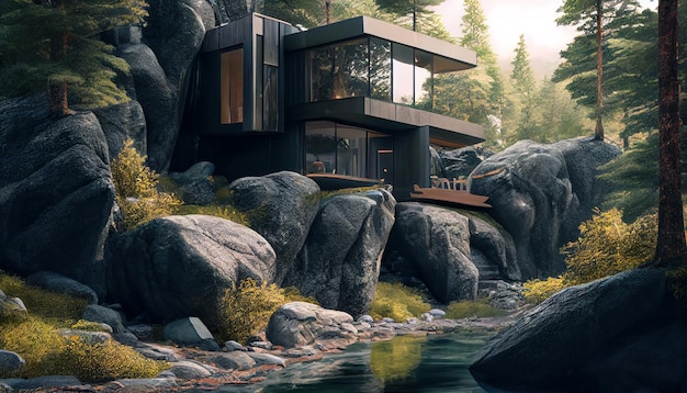 Maison moderne dans les montagnes à l'extérieur d'une villa de luxe au bord d'une rivière forestière AI générative