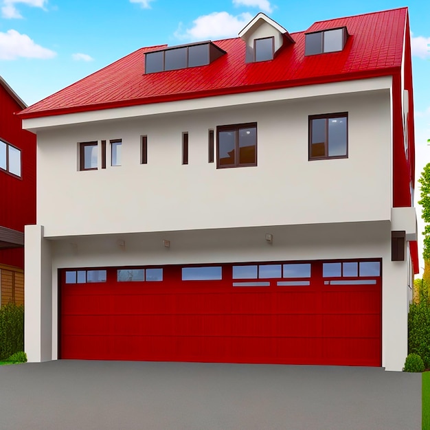 Une maison moderne à deux étages avec une porte de garage rouge vif et un garage bien éclairé généré par l'IA