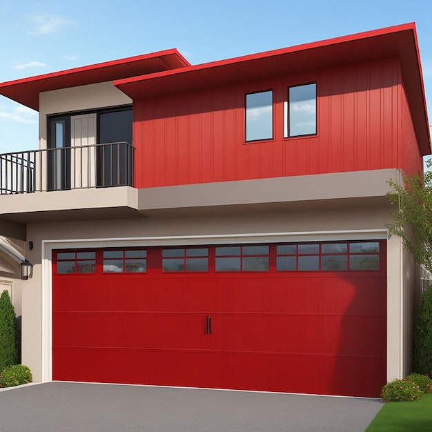 Une maison moderne à deux étages avec une porte de garage rouge vif et un garage bien éclairé généré par l'IA