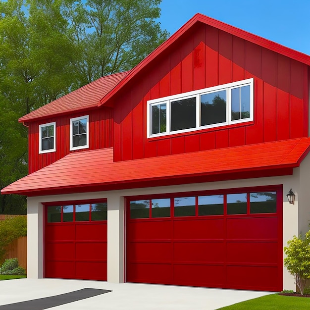 Une maison moderne à deux étages avec une porte de garage rouge vif et un garage bien éclairé généré par l'IA