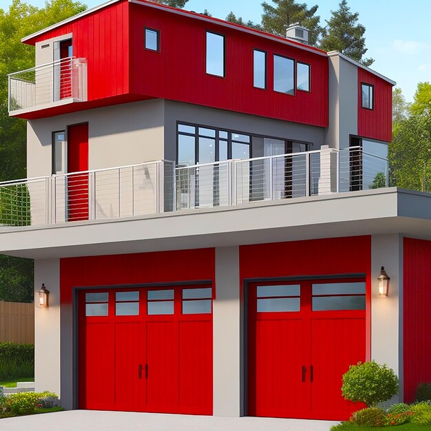 Une maison moderne à deux étages avec une porte de garage rouge vif et un garage bien éclairé généré par l'IA