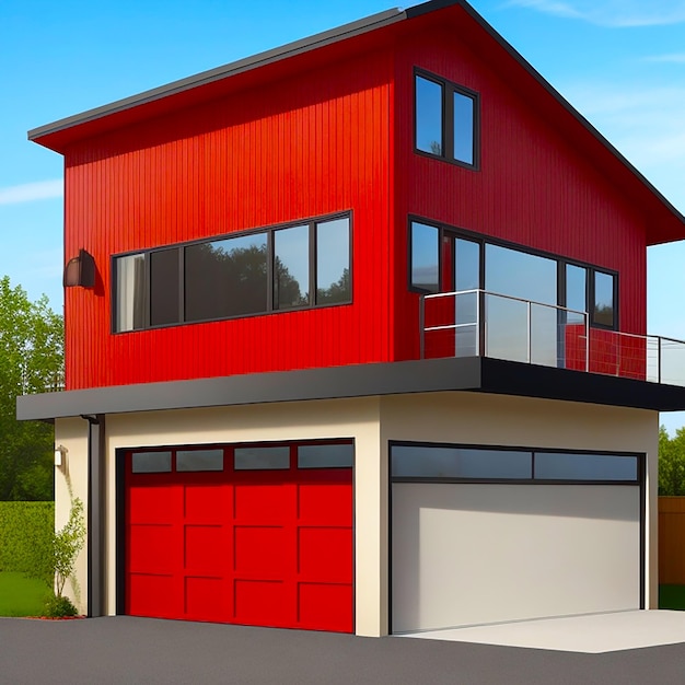 Une maison moderne à deux étages avec une porte de garage rouge vif et un garage bien éclairé généré par l'IA