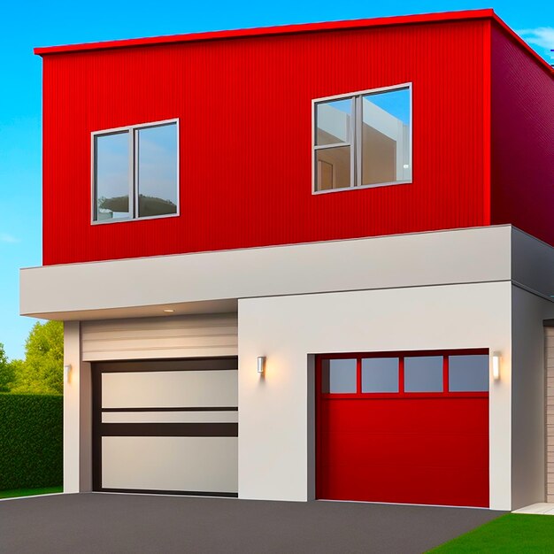 Une maison moderne à deux étages avec une porte de garage rouge vif et un garage bien éclairé généré par l'IA