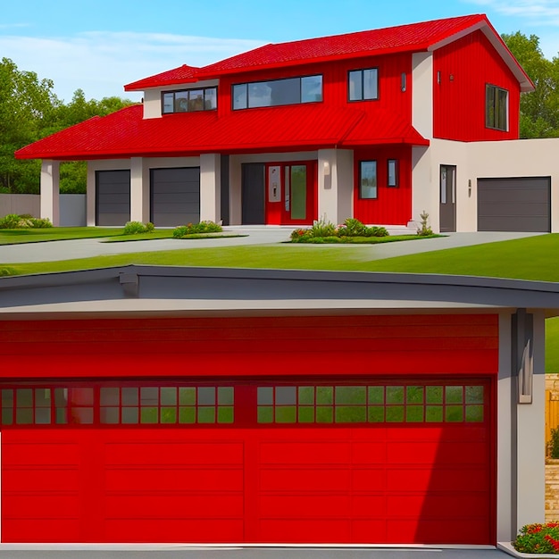 Une maison moderne à deux étages avec une porte de garage rouge vif et un garage bien éclairé généré par l'IA