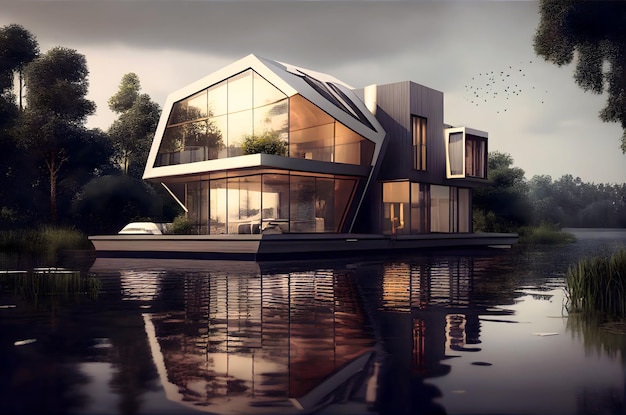Maison moderne sur l'eau à l'extérieur d'une villa de luxe au bord d'une rivière ou d'un lac au coucher du soleil AI générative