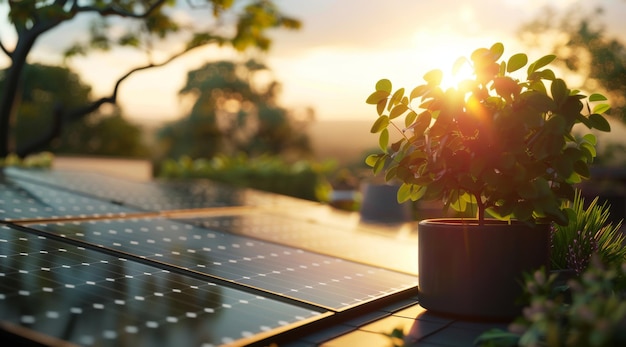 Une maison moderne écologique avec de grands panneaux solaires sur le toit au crépuscule mettant en valeur la vie durable et l'efficacité énergétique