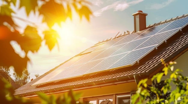 Une maison moderne écologique avec de grands panneaux solaires sur le toit au crépuscule mettant en valeur la vie durable et l'efficacité énergétique