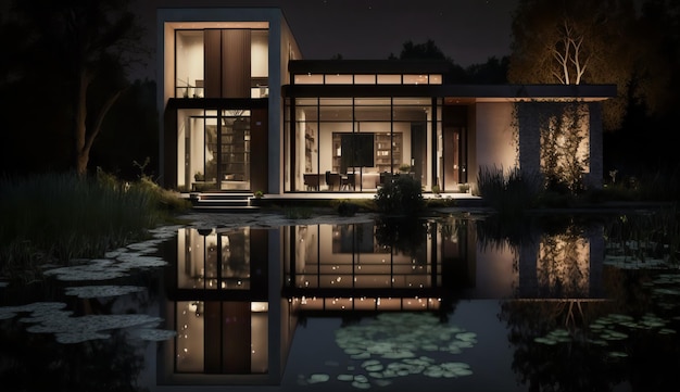 Une maison moderne avec un étang et une maison éclairée la nuit.