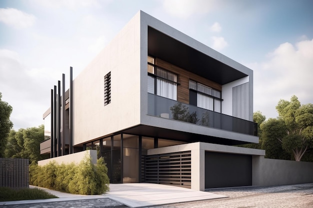 Une maison moderne avec un extérieur en béton et un balcon