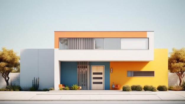 Une maison moderne avec un extérieur orange et jaune et une porte bleue.