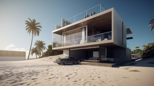 Maison moderne avec fenêtres panoramiques sur la plage