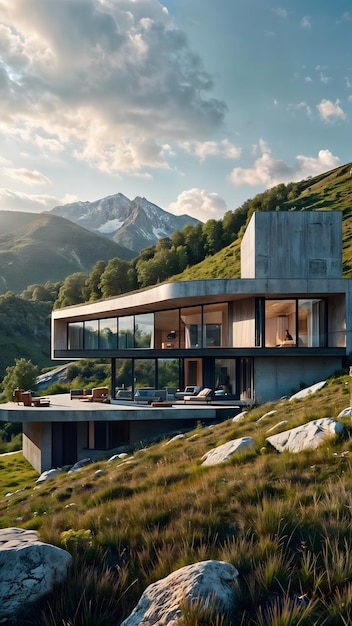 Maison moderne sur un flanc de montagne architecture à la mode vivant dans la nature Illustration verticale