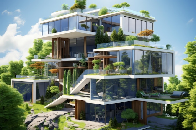 Une maison moderne futuriste avec beaucoup de fenêtres en verre et de verdure