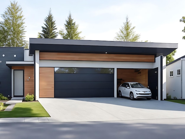 Photo une maison moderne avec un garage et une porte de garage générative ai