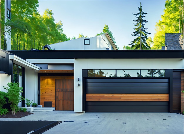 Une maison moderne avec un garage et une porte de garage