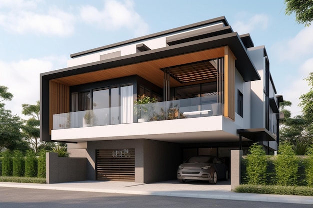 Une maison moderne avec un garage et une porte de garage.