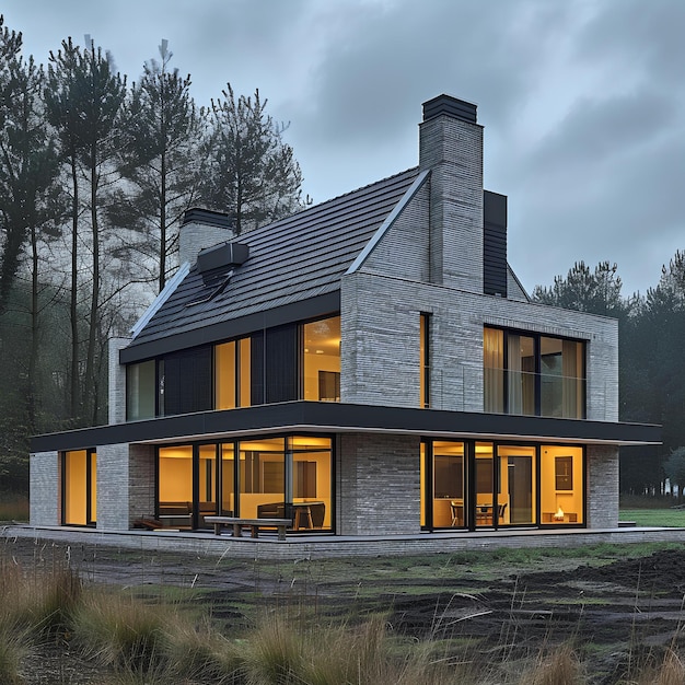 Une maison moderne avec un grand patio et un patio couvert la nuit avec une vue sur la forêt