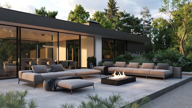 Une maison moderne avec une grande fenêtre en verre donnant sur un patio avec une fosse à feu et des sièges confortables