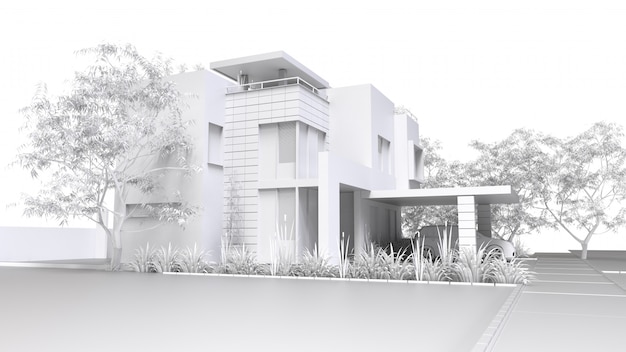 Maison moderne. Illustration 3D monochrome de maison en plastique blanc et jardin avec garage. Rendu 3D.
