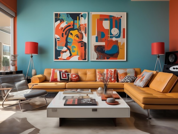 Une maison moderne d'inspiration rétro avec des éléments contemporains vintage et un mur d'accent orange vif