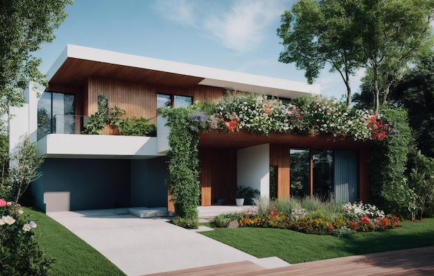 maison moderne avec jardin dans le parc palmiers d'été avec belle vue