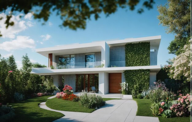 maison moderne avec jardin dans le parc palmiers d'été avec belle vue