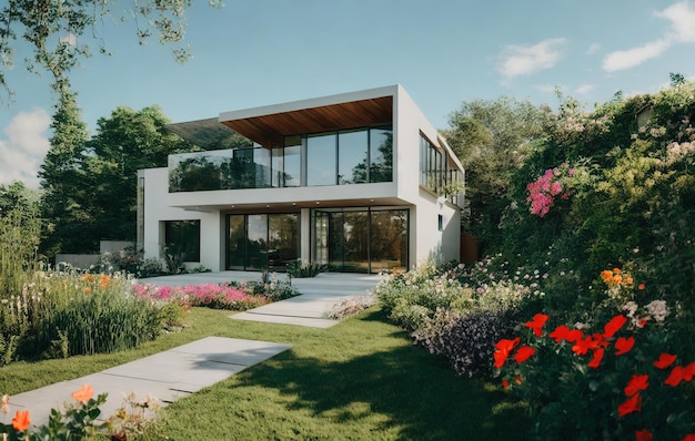 maison moderne avec jardin dans le parc palmiers d'été avec belle vue