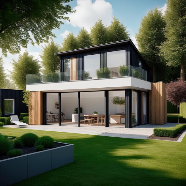 maison moderne et lumineuse illustration 3 d design backgroundvilla moderne avec jardin et maison en bois gar