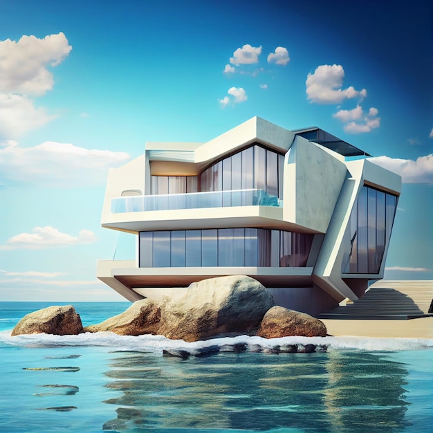 Maison moderne de luxe sur la plage avec vue sur la mer