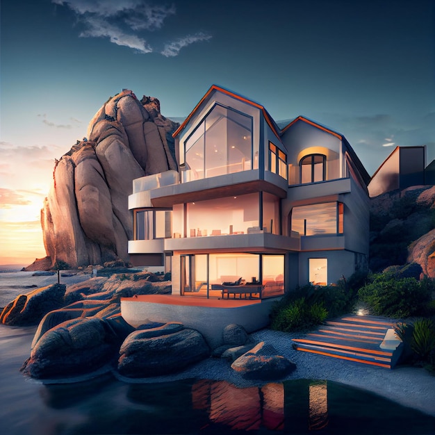 Maison moderne de luxe sur la plage avec vue sur la mer