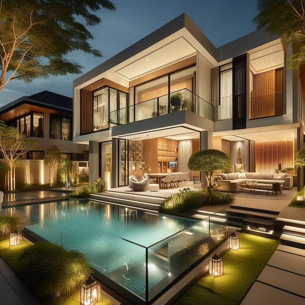 Photo maison moderne luxueuse avec petite piscine