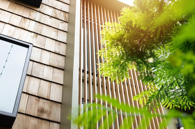 Maison moderne avec mur en bois, lattes de bois et arbre vert pour refroidir le parasol et économiser de l'énergie à l'extérieur de la maison