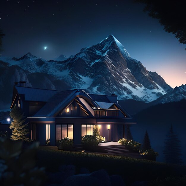 Photo maison moderne la nuit avec des montagnes en arrière-plan ia générative