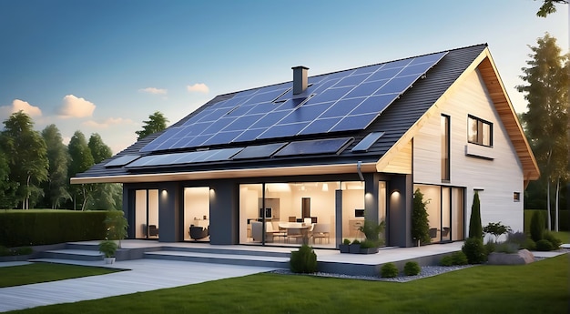 Maison moderne avec des panneaux solaires installés sur le toit