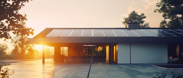 Une maison moderne avec des panneaux solaires respectueux de l'environnement reflétant le soleil couchant39s ciel