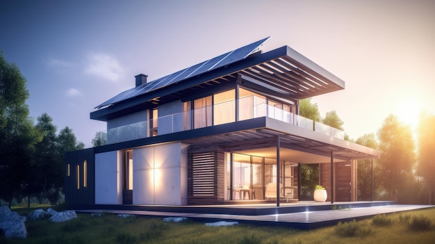 Maison moderne avec panneaux solaires sur le toit énergie alternative énergie solaire