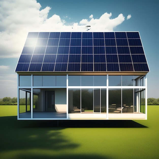 Une maison moderne avec des panneaux solaires sur le toit se trouve sur un champ vert