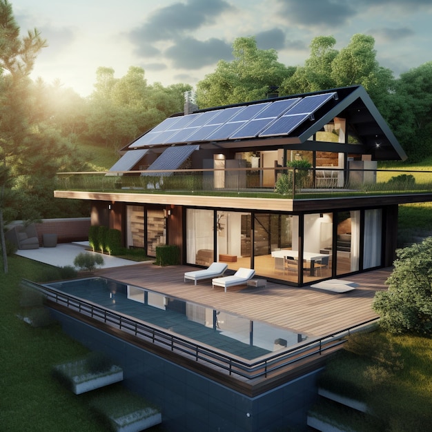 Photo une maison moderne avec des panneaux solaires sur le toit