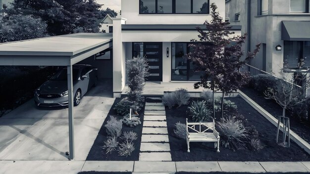 Photo maison moderne avec une pelouse avec un mini-jardin