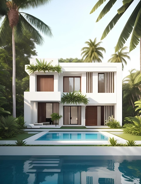 Maison moderne avec piscine 3D et rendu au style tropical à miami