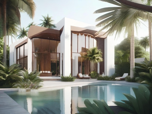 Maison moderne avec piscine 3D et rendu au style tropical à miami