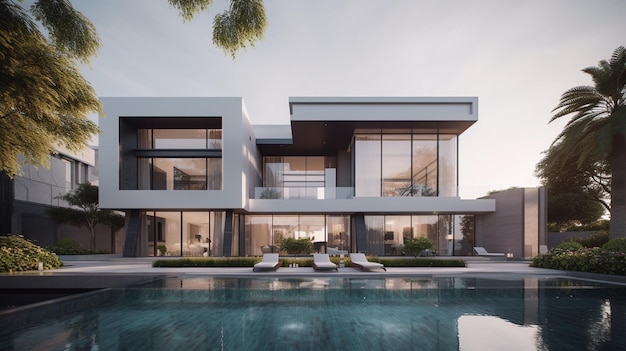 Une maison moderne avec une piscine au premier plan