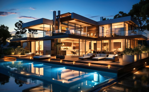 une maison moderne avec piscine et balcon la nuit