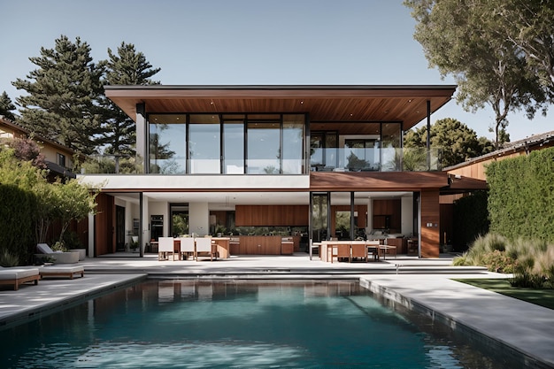 Photo maison moderne avec piscine sur un fond naturel