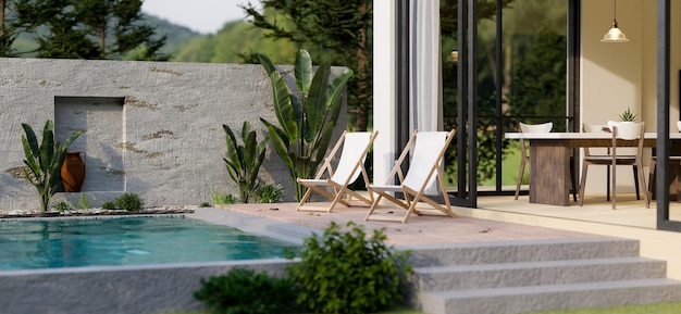Maison moderne avec piscine ou villa de luxe avec piscine privée et design extérieur avec chaises de plage