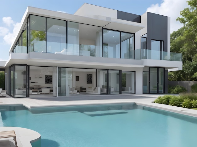 Maison moderne avec séjour ouvert avec piscine