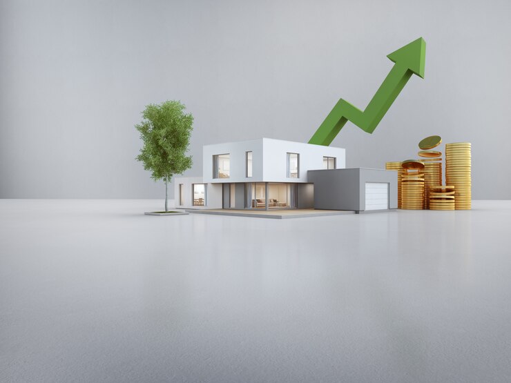 Photo maison moderne sur sol blanc avec mur de béton vide dans le concept de vente ou d'investissement immobilier.